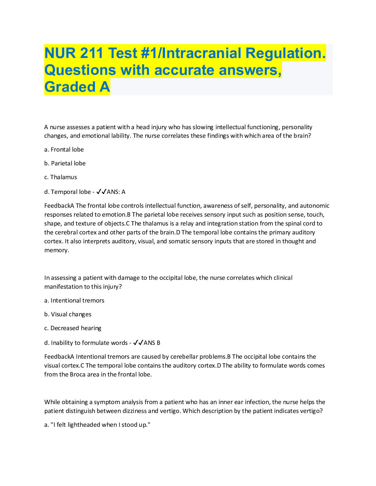 Preview image for NUR 211 Test #1/Intracranial Regulation. Questions with accurate answers, Graded A